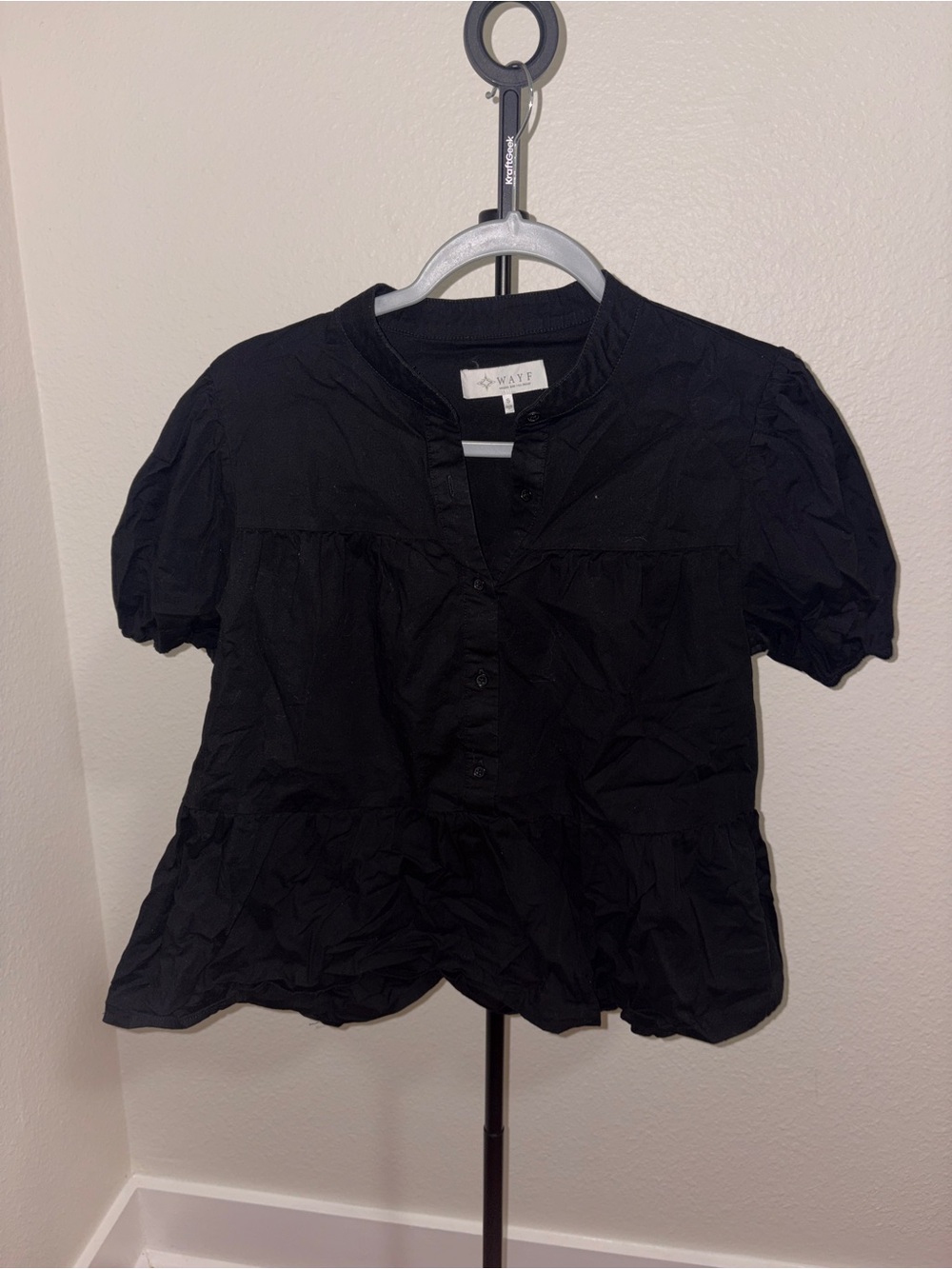 Wayf Black Short-Sleeve Buttoned Peplum Top